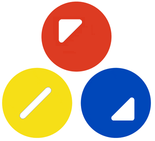 Rot (Dreieck, spitze nach links oben), Gelb (Schrägstrich) und Blau (Dreieck, Spitze nach rechts unten)