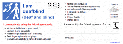 communication card for the deaf-blind