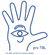 Deafblind logo (tbh): Hand with eye and ear on palm - I see and hear with my hands (blue on white)