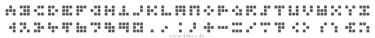 Fakoo-Alphabet, Ziffern und Satzzeichen in zwei Zeilen, aus Kacheln gebildet