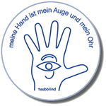 Taubblinden-Logo aus Hand mit Auge und Ohr, Beschriftung: meine Hand ist mein Auge und mein Ohr, taubblind
