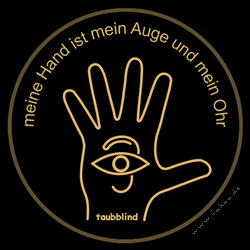 Taubblinden-Logo aus Hand mit Auge und Ohr, Beschriftung: meine Hand ist mein Auge und mein Ohr - taubblind