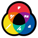 ColorAdd-Logo - ColorAdd-Farbmischung (3 Grundfarben, drei Mischfarben und jeweiliger Code)