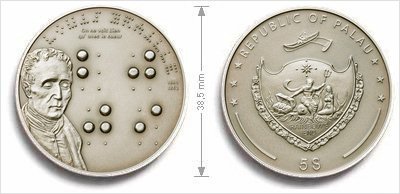 Front and back of the Braille coin from Palau, with the words 'LOUIS BRAILLE' in Fakoo and large 'BJJI' in Braille