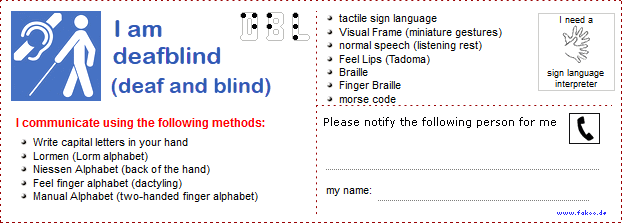 Communication card for the deaf-blind (ASL)