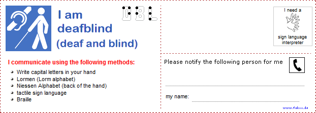 Communication card for the deaf-blind minimal (ASL)
