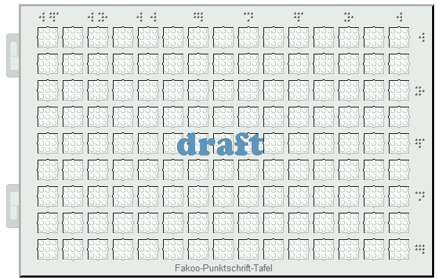 Fakoo-Punktschrift-Tafel: 9 Zeilen zu jeweils 15 Formen mit je 3 mal 3 Punkten, über der mittleren Spalte jeweils eine zusätzliche Kerbe