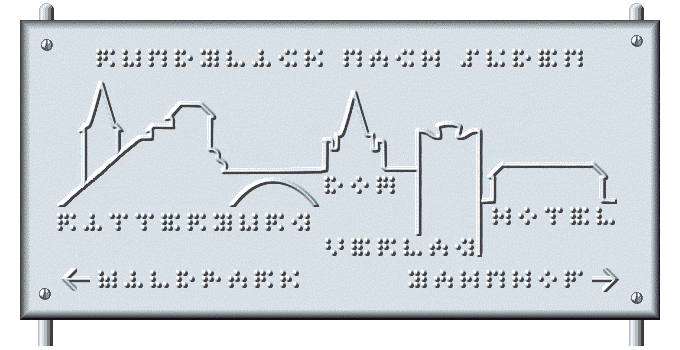 Tafel mit Stadt-Silhouette 'RUNDBLICK NACH SDEN, RITTERBURG, DOM, VERLAG, HOTEL, WILDPARK, BAHNHOF' in Fakoo
