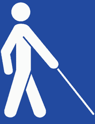 Blindness symbol - man with cane - white on a blue background