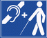 Deafblind logo (tpb): Cane man + plus sign + crossed out ear (white on blue)