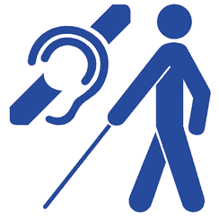 Crossed-out ear and man with white cane logo for deafblind people (in white on a blue background)