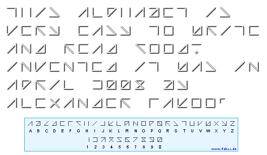 Sample text in Quadoo 'THIS ALPHABET IS VERY EASY TO WRITE AND READ GOOD! INVENTED IT WAS IN APRIL 2008 BY ALEXANDER FAKOO'