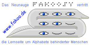 Neunauge FAKOOSY im Zickzack liegend, Beschriftung: Das Neunauge FAKOOSY vertritt fakoo.de, die Lernseite um Alphabete behinderter Menschen (Beschreibung siehe fakoosy.txt)