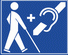 Deafblind-Logo (bpt): Blindenstock-Mann + Plus-Zeichen + gestrichen-Ohr (eckig) (weiß auf blau)