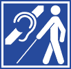 Taubblinden-Logo aus Mann mit Blindenstock und durchgestrichenem Ohr in weiß auf blauem Grund