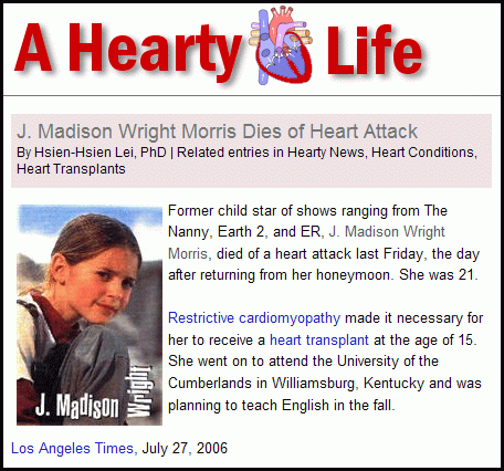 Todesanzeige in 'A Hearty Life' (Beschreibung siehe maddie-death.txt)