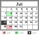 Kalenderblatt Monat Juli: geb. 29.7., verh. 8.7., gest. 21.7.